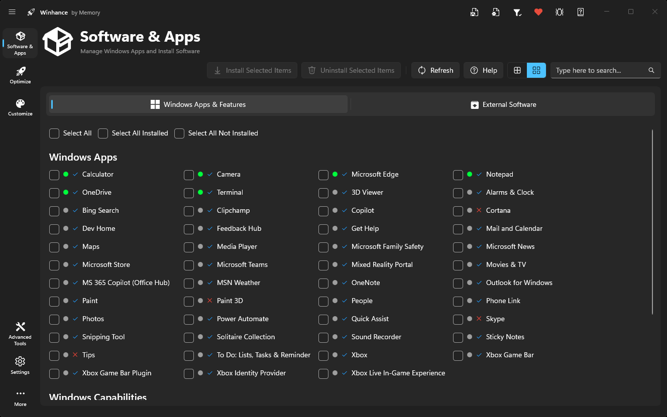 hyperprogram interface preview showing the Software & Apps panel with installed Windows applications
